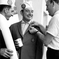 10/1/63 - White Cane Day - L to R: Charlie Bottarini, Frank Ferrera, and Walt Jebe, in publicity shots, preparing to visit stores in the area to raise funds for White Cane Day.