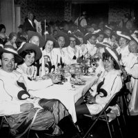 May 1966 - District 4C-4 Convention, Hoberg’s Resort, Lake County - Dinner time; left side: Art Blum, Anne & Gino Benetti, Estelle & Charlie Bottarini, Bill & Irene Tonelli, member, Al Kleinbach, and member; right side, front to back: Maryann Blum, wife, member, and Pat Ferrera.