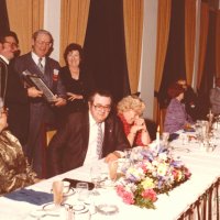 6/17/1967 - Installation of Officers, South San Francisco Elks Club - Standing L to R: guest, Fred Ulrich and wife. Seated L to R: Emma Giuffre, Ron and Linnie Faina, and wife and guest. Far table: two guests.