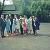 May 1968 - District 4C-4 Convention, Hoberg’s Resort, Lake County - Parking lot pose; rear: Art Blum, Charlie & Estelle Bottarini, and Sam Shortz. Front: Joe & Emma Giuffre, daughter (?) and Maryann Blum, Frank Ferrera, Linnie Faina, Penny Shortz, wife, member, and Pat Ferrera.