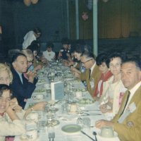 May 1968 - District 4C-4 Convention, Hoberg’s Resort, Lake County - Dinner time; around table from closest left: daughter (?), wife, member, Linnie Faina, Penny & Sam Shortz, Maryann Blum, Pat & Frank Ferrera, Estelle & Charlie Bottarini, Pete & Eva Bello, Bob & Pauline Woodall, wife & member.