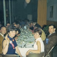 May 1968 - District 4C-4 Convention, Hoberg’s Resort, Lake County - Dinner time; around table from closest left: Pat & Frank Ferrera, Estelle & Charlie Bottarini, Eva Bello, Bob & Pauline Woodall, wife & member, daughter (?), wife, member, Linnie Faina, wife, member, Art & Maryann Blum.