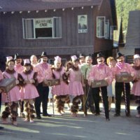 May 1968 - District 4C-4 Convention, Hoberg’s Resort, Lake County - Costume Parade Pose - L to R: Pete (out of frame) & Eva Bello, Bob & Pauline Woodall, member, Ron & Linnie Faina, Pat Ferrera, Sam Shortz, member, Frank Ferrera, wife, Charlie Bottarini, and Emma Giuffre.