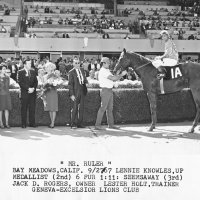 9/27/67 - Night at the Races, Bay Meadows Race Track, San Mateo, California - L to R: Lion Joe and Emily Farrah, and Lion President Ron and Linnie Faina in the Winners Circle after the club race.