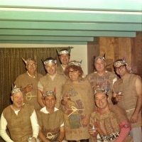 Early 1971 - Dress rehearsal for the District 4-C4 Convention in May at a member’s home - All dressed up, drink in hands, are L to R: back row: Joe Giuffre, Frank Bulleri, Art Blum (in back), Bill Tonelli, Fred Melchiori, and Jack Parodi; kneeling are Bob Dobbins, Charlie Bottarini, and Frank Ferrera.