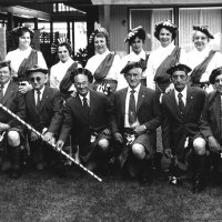 May 1974 - District 4-C4 Convention, El Rancho Tropicana, Santa Rosa - L to R: standing: Fred Melchori, Mary Rose O’Connell, Harriet Kleinbach, Irene Tonelli, Pauline Woodall, Estelle Bottarini, and Emma Giuffre; kneeling: Tom O’Connell, Al Kleinbach, Bill Tonelli, Bob Woodall, Charlie Bottarini, and Joe Giuffre.