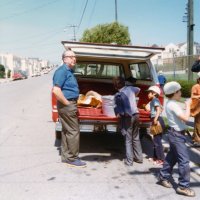 Oct 1975 - Excelsior Playground, Russia & Madrid - in conjunction with Beep Baseball - Pete Bello, on left, distributing drinks to local children before t-ball practice.