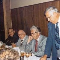 3/17/76 - Past District Governors’ Night, Chuck Wagon, San Francisco - L to R: Past District Governors Chung Wah Lee, (Chinatown Lions, 1967/68), Bernard Workon (Mission Lions, 1971/72), Fred Newman (Marina Lions, 1969/70), Joe Giuffre (Geneva-Excelsior Lions, 1963/64).