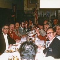 1/21/76 - Past Presidents’ Night, Granada Cafe, San Francisco - Front to back: left side: Fred Melchiori, Galdo Pavini, Frank Ferrera, Charles Bottarini, Ron Faina, member, member, and Ervin Smith. Right side: Bill Tonelli, Ed Farrah, Bob Woodall, member, member, and Joe Giuffre. Next table: Bob Dobbins.