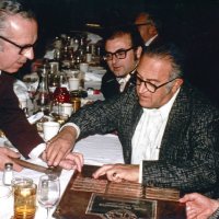 1/21/76 - Past Presidents’ Night, Granada Cafe, San Francisco - L to R: Pete Bello, Jack Parodi, Frank Fazzino, and Charles Stuhr. Jack Parodi and Charlie Sturh look on as Pete Bello and Frank Fazinno affix the Immediate Past President Ray Squeri’s name plate to the Past Presidents’ Plaque.