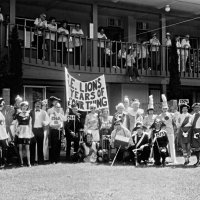 May 1977 - District 4-C4 Convention, El Rancho Tropicana, Santa Rosa - L to R, starting with cavalier costume: Guest (cavalier, 1966), Ron Faina (jockey, 1969), Frances & Mike Spediacci (french maids, 1962), behind Mike: Margot Clews (roman, 1961), front: Ozzie Buoncristiani (gypsy, 1960), behind: Giulio Francesconi (cavalier, 1966), San Sam Filippo (deck of cards, 1964), Linnie Faina (jockey, 1969), Elva Buoncristiani (gypsy, 1960), Emma & Joe Giuffre (deck of cards, 1964), behind them: Handford Clews (roman, 1961), Pauline & Bob Woodall (marching band, 1970), Estelle & Charlie Bottarini (scotsmen, 1974); front: Eva & Pete Bello (organ grinder and monkey, 1968), and Ervin & Elena Smith (carabiniere, 1975).