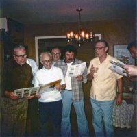 2/27/79 - District Convention Prep Meeting, Frank Ferrera’s residence, San Bruno - L to R: Pete Bello, Bill Tonelli, Ted Zagorewicz, Mike Spediacci, Art Holl, and Mike Castagnetto (partial). Members practicing for the Amateur Show.