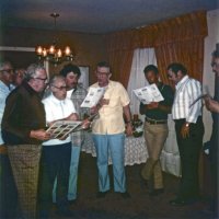 2/27/79 - District Convention Prep Meeting, Frank Ferrera’s residence, San Bruno - L to R: Sam San Filippo,  Ted Zagorewicz (partial), Pete Bello, Bill Tonelli, Mike Spediacci, Art Holl, and Mike Castagnetto, Ron Faina, and Handford Clews (partial). Members practicing for the Amateur Show.