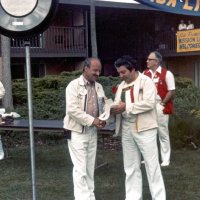 May, 2-5, 1979 - District 4-C4 Convention, El Rancho Tropicana, Santa Rosa - Convention photos - L to R: Lion, Rocky Lombardi, Joe Farrah, and Lion. Joe Farrah accepting an award for the Club.