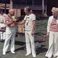 May, 2-5, 1979 - District 4-C4 Convention, El Rancho Tropicana, Santa Rosa - Convention photos - L to R: Lion, Lion presenter, Giulio Francesconi, obscured, Lion, and Mike Spediacci. Giulio Francesconi receiving a prize, a new putter, from the golf tournament. Mike Spediacci also received a prize from the golf tournament.