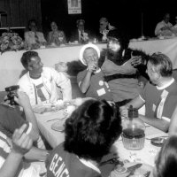 May, 2-5, 1979 - District 4-C4 Convention, El Rancho Tropicana, Santa Rosa - Convention photos - L to R: head table: Bill & Irene Tonelli, Lion & wife; foreground table: Ted Zagorewicz (with camera), Mike Castagnetto, Charlie Bottarini, the monkey, and Frank Ferrera.