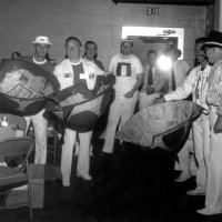 May, 2-5, 1979 - District 4-C4 Convention, El Rancho Tropicana, Santa Rosa - Convention photos - L to R: Charlie Bottarini, Frank Ferrera, Art Holl, Handford Clews, Lion, Lion, Mike Casstagnetto, and Al Gentile. Having completed teh costume parade, they’re getting ready for the Tail Twister Contest.