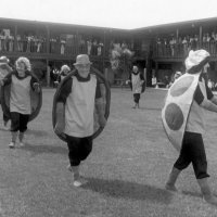 May, 2-5, 1979 - District 4-C4 Convention, El Rancho Tropicana, Santa Rosa - Costume Parade - L to R: obscured, Irene Tonelli, Emma Giuffre (background), Bill Tonelli, Art Holl (background), Margot Clews, and Sam San Filippo (background).