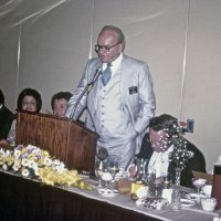 6/17/78 - Installation of Officers, Ramada Inn, S.F. Airport, Millbrae - L to R: Trudy & Leonardo Bacci, Emily & Joe Farrah, Pat Martin, and Ervin & Elena Smith. Pat Martin speaking as Master of Ceremonies.