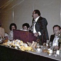 6/17/78 - Installation of Officers, Ramada Inn, S.F. Airport, Millbrae - L to R: Trudy Bacci, Emily & Joe Farrah, Leonardo Bacci, and Ervin Smith. Leonardo Bacci preparing for the installation of officers.