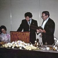 6/17/78 - Installation of Officers, Ramada Inn, S.F. Airport, Millbrae - L to R: Leonardo Bacci, Emily & Joe Farrah, Ervin & Elena Smith. Joe Farrah presenting Erv Smith with is Past President’s Plaque.