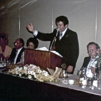 6/17/78 - Installation of Officers, Ramada Inn, S.F. Airport, Millbrae - L to R: Trudy & Leonardo Bacci, Emily & Joe Farrah, and Ervin Smith. New installed President Joe Farrah talking about his plans for the coming Lions year.