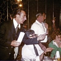 9/15/78 - Regular Meeting, L & L Castle Lanes, San Francisco - L to R: Ed Damonte, obscured, Charlie Bottarini, and Sandy Masonek of Wholesale Furs. Sandy Masonek, fur wholesoller, gave us short interesting talk on furs. Lionettes: Marylin Harrison, Jeanotto Sfarzo, Bobbie Damonte, and Margot Clews demonstrated the furs. Lion Angelo Sfarzo played background music during the show.