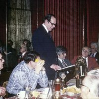 3/14/79 - Regular Meeting, L & L Castle Lanes, San Francisco - L to R: Jerry Ennis, Handford Clews, Dr. Irwin Schwab, Charles Grisenti, Bill Tonelli, and Al Gentile. Dr. Schwab, an Ophthalmologist resident at the Pacific Medical Center, acknowledged Lions for their support of the Center through contributions of dollars and equipment through the Lions Eye Foundation and by patient referrals. Dr.Schwab showed slides and discussed “Eye Care in the Third World”. Charles Grisenti, and Bill Cazatt (not shown), were inducted as new members in this meeting by District Governor George Habeeb.