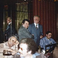 3/14/79 - Regular Meeting, L & L Castle Lanes, San Francisco - L to R: Julio Delucchi, Joe Farrah, guest, and Handford Clews. Mike Perri, Jr. is in the foreground.