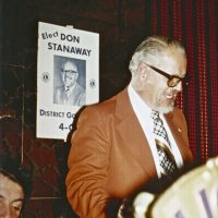 3/21/79 - Regular Meeting, L & L Castle Lanes, San Francisco - Don Stanaway, candidate for District 4-C4 Governor, speaking to the Club. Joe Farrah peeking in on the lower right.