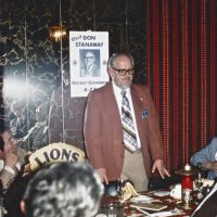 3/21/79 - Regular Meeting, L & L Castle Lanes, San Francisco - Don Stanaway, candidate for District 4-C4 Governor, speaking to the Club. Joe Farrah on the right.