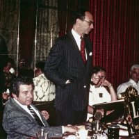 6/20/79 - Regular Meeting, L & L Castle Lanes, San Francisco - L to R: Joe Farrah, Quintin Kopp, Handford, and Al Gentile. San Francisco Supervisor Quentin Kopp, a member of the Marina Lions Club, talked about San Francisco issues and answered many questions.