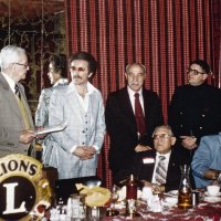 2/14/79 - Past District Governors Night & New Member Induction, L & L Castle Lanes, San Francisco - L to R: standing: PDG Maurice Perstein, Michael Perri, Jr., Michael Perri, Sr., R. Jerome Ennis, and Handford Clews; seated: Joe Farrah, PDG Chan Wah Lee, and PDG Joe Giuffre. PDG Maury Perstein installing new members Mike Perri, Jr. and Jerry Ennis.