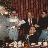 2/14/79 - Past District Governors Night & New Member Induction, L & L Castle Lanes, San Francisco - L to R: standing: PDG Maurice Perstein, Michael Perri, Jr., Michael Perri, Sr., and R. Jerome Ennis; seated: PDG Chan Wah Lee, and PDG Joe Giuffre. PDG Maury Perstein installing new members Mike Perri, Jr. and Jerry Ennis.