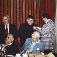 2/14/79 - Past District Governors Night & New Member Induction, L & L Castle Lanes, San Francisco - L to R: standing: Michael Perri, Jr., Michael Perri, Sr., R. Jerome Ennis, and Handford Clews; seated: PDG Chan Wah Lee, and PDG Joe Giuffre. New members Mike Perri, Jr. and Jerry Ennis receiving their Lions pins from their sponsors.