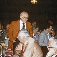 2/7/79 - Past Presidents’ Night, L & L Castle Lanes, San Francisco - Each past president, oldest to newest, gave remarks about his year as president. Al Kleinbach, 1953-54 and Charter Member. L to R: near table: obscured, Fred Krahl, Fred Melchiori, Al Kleinbach, Joe Giuffre, and Bob Woodall; next table: guest, Bill Tonelli, and two guests.