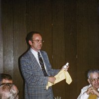 2/7/79 - Past Presidents’ Night, L & L Castle Lanes, San Francisco - Each past president, oldest to newest, gave remarks about his year as president. Charlie Stuhr, 1960-61. L to R: Charlie Stuhr (standing) and Sam San Filippo.