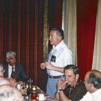 2/7/79 - Past Presidents’ Night, L & L Castle Lanes, San Francisco - Each past president, oldest to newest, gave remarks about his year as president. Frank Ferrera, 1961-62. L to R: ignor near side; Al Gentile (end of table), Frank Ferrera, Charlie Bottarini, and Rocky Lombardi.