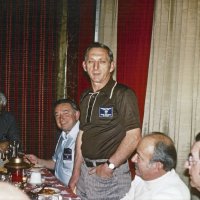 2/7/79 - Past Presidents’ Night, L & L Castle Lanes, San Francisco - Each past president, oldest to newest, gave remarks about his year as president. Charlie Bottarini, 1963-64. L to R: Al Gentile (end of table), Frank Ferrera, Charlie Bottarini, Rocky Lombardi, and Ron Faina.