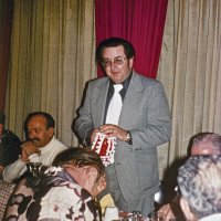 2/7/79 - Past Presidents’ Night, L & L Castle Lanes, San Francisco - Each past president, oldest to newest, gave remarks about his year as president. Ron Faina, 1967-68. Far side: Rocky Lombardi (seated) and Ron Faina.