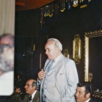 2/7/79 - Past Presidents’ Night, L & L Castle Lanes, San Francisco - Each past president, oldest to newest, gave remarks about his year as president. Pat Martin, 1968-69. L to R: Guerin Olivola, Pat Martin (standing), and guest.