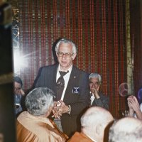 2/7/79 - Past Presidents’ Night, L & L Castle Lanes, San Francisco - Each past president, oldest to newest, gave remarks about his year as president. Bob Woodall, 1969-70. L to R, facing camera: Handford Clews (partial), Bob Woodall, and Al Gentile.