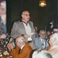 2/7/79 - Past Presidents’ Night, L & L Castle Lanes, San Francisco - Each past president, oldest to newest, gave remarks about his year as president. Fred Melchiori, 1972-73. R to L, near side, lower right: Bob Woodall, Al Kleinbach, Fred Melchiori, Bill Tonelli, and Joe Giuffre.