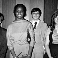 3/5/79 - Club Student Speaker Contest, L & L Castle Lanes, San Francisco - Subject: “Who Am I” - Participants in the contest: Caroline Raphael from Mercy High, Kimberly Evans from Balboa, and from St. Ignatius, John SwensOn and Carl Katerneahl. Unknown which is which.