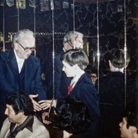 3/5/79 - Club Student Speaker Contest, L & L Castle Lanes, San Francisco - Subject: “Who Am I” - L to R: Pat Martin, Joe Farrah (seated), contestant, and another contestant. Chairman Pat Martin presenting an award to one of our 4 contestants.