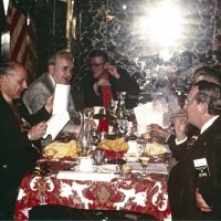 12/20/78 - Club Cristmas Party, L & L Castle Lanes, San Francisco - Left side: Joe Farrah (standing), Gino Benetti, Pat Martin, and Art Holl; right side: Ervin Smith, two Lions, and Handford Clews.