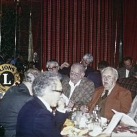 12/20/78 - Club Cristmas Party, L & L Castle Lanes, San Francisco - L to R: first table near side: Frank Fazzino, Lion, and Mike Perri, Jr.; far side: Ozzie Buoncristiani, Hugo Checchi, Carl Muelendorf, and Ed Damonte; far table, near side:: Al Gentile with three Lions; far side: Charlie Stuhr.