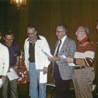 12/20/78 - Club Cristmas Party, L & L Castle Lanes, San Francisco - L to R: Bill Tonelli, Charlie Bottarini, Giulio Francesconi, Sam San Filippo, Pete Bello, and Handford Clews, all singing Quel Bel Massolini Di Fiori.