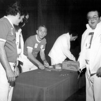 May 28-June 1, 1980 - District 4-C4 District Convention, El Rancho Tropicana, Santa Rose - L to R: Bob Pacheco, Sam San Filippo, Charlie Bottarini, Joe Farrah, and Ron Faina. Setting up, just before the Tail Twister Contest, and getting ready to “sell” change that was given as tips after each skit in the show.