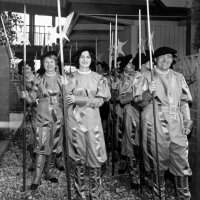 May 28-June 1, 1980 - District 4-C4 District Convention, El Rancho Tropicana, Santa Rose - Costume Parade - Front to back: left: Margot Clews, Spohie Zagorewicz, and Estelle Bottarini; right: Handford Clews, Charlie Bottarini (obscured), Pete Bello, and Bob Pacheco, several back. Lined up, and ready for the Costume Parade.